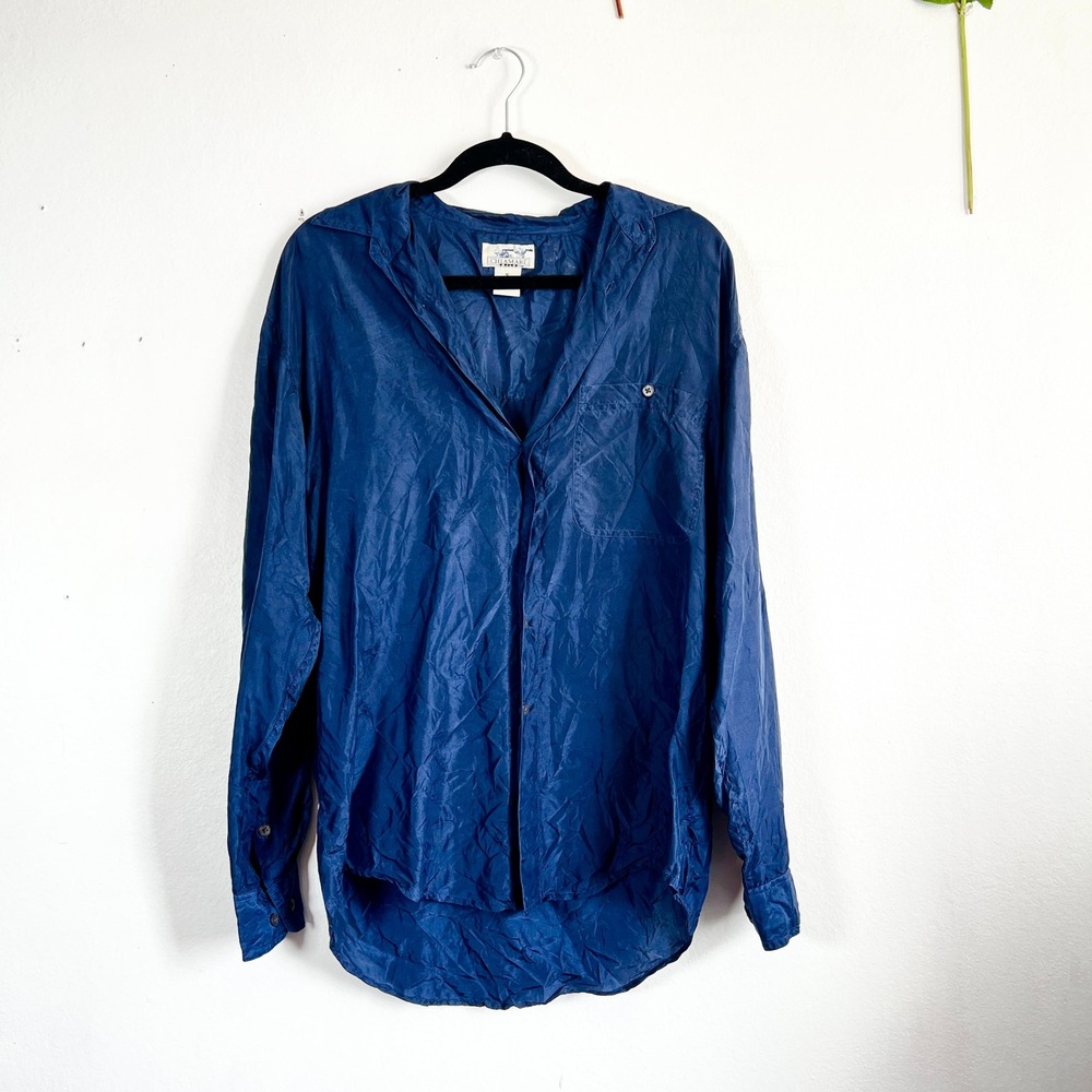 Vintage 90s 100% Silk Button Shirt Mens Sz Small Navy Blue Retro